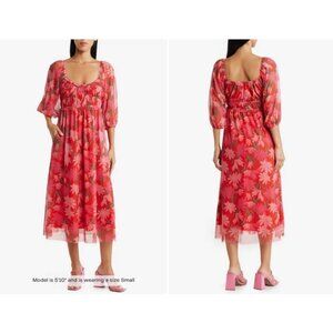 💕MAISIE💕 Floral Long Sleeve Mesh Midi Dress Red/ Pink Floral Print Medium NWT